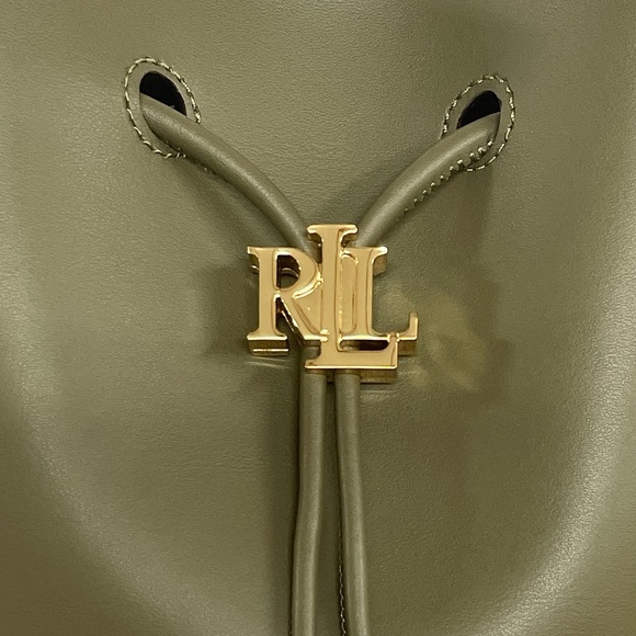 Lauren Ralph Lauren Andie Drawstring Leather Bucket Bag Olive Green - Picture 8 of 14